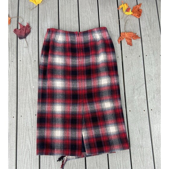 Vintage Talbots Red Plaid Wool Midi Skirt Faux Wrap Fringe Women’s 12 - Picture 3 of 16